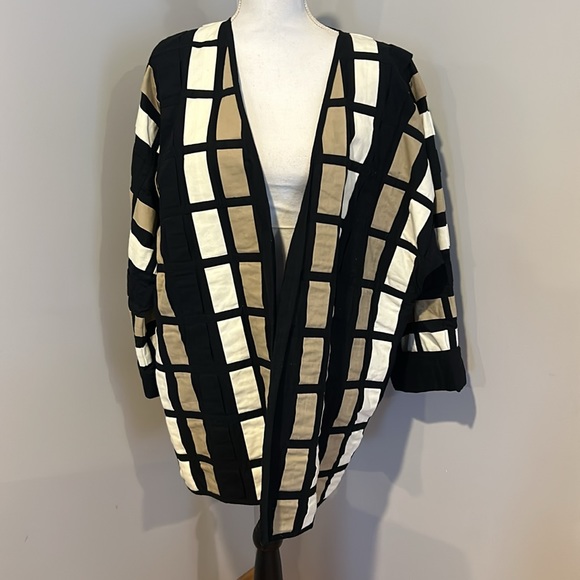 Vtg Yak Magik Patchwork Woven Pattern Jacket Size XL Black Tan White Oversized - Picture 2 of 7